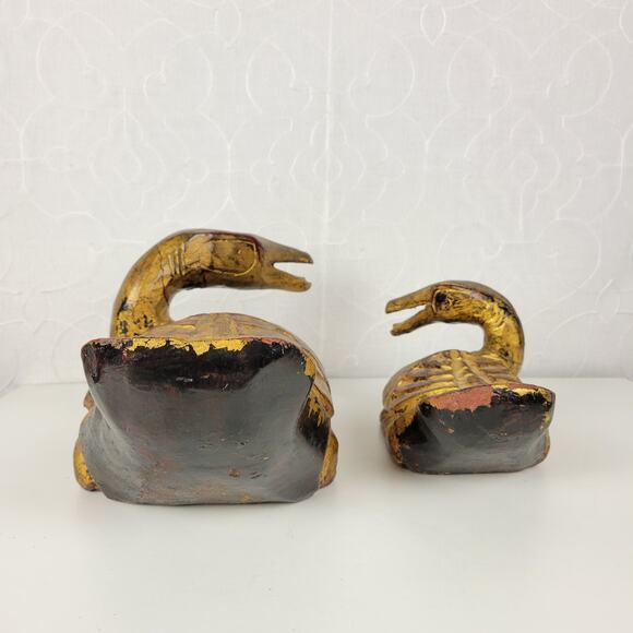 Vintage Carved Italian Wood Ducks Gold Brown 12" 8" Statues‎ 1960s Gilded Large - Picture 5 of 16